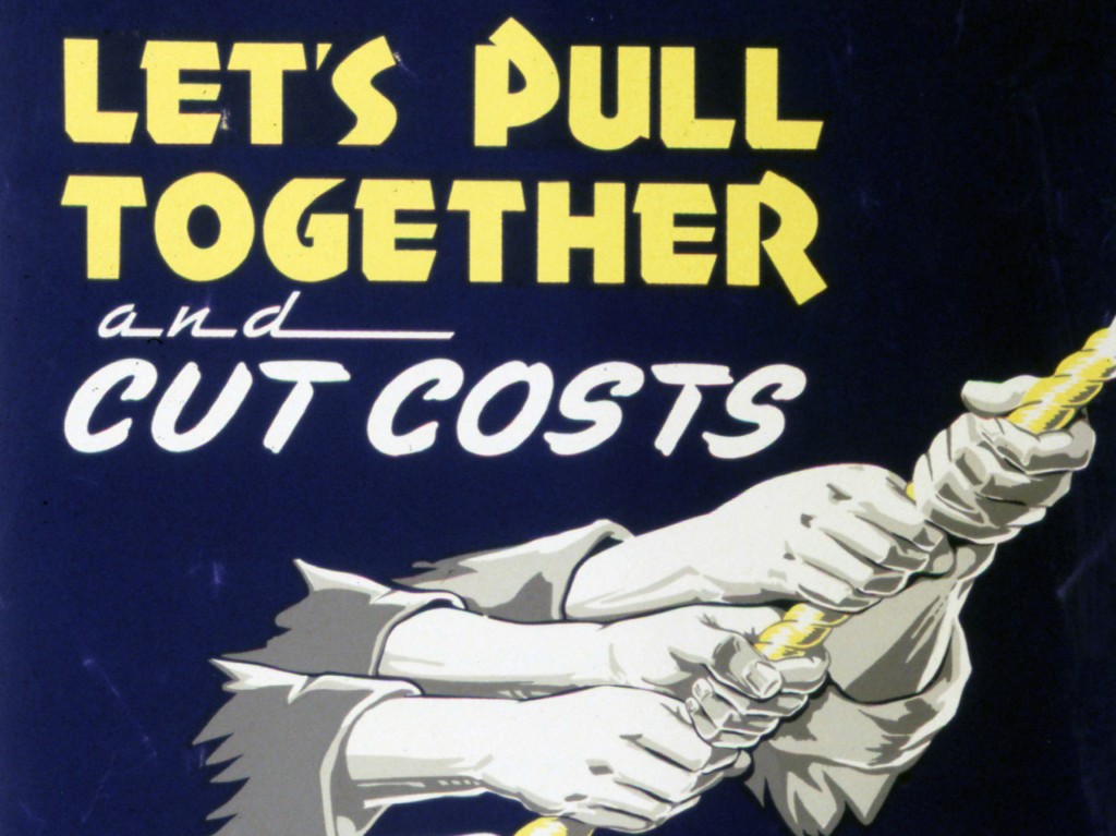 hands pulling together to cut costs